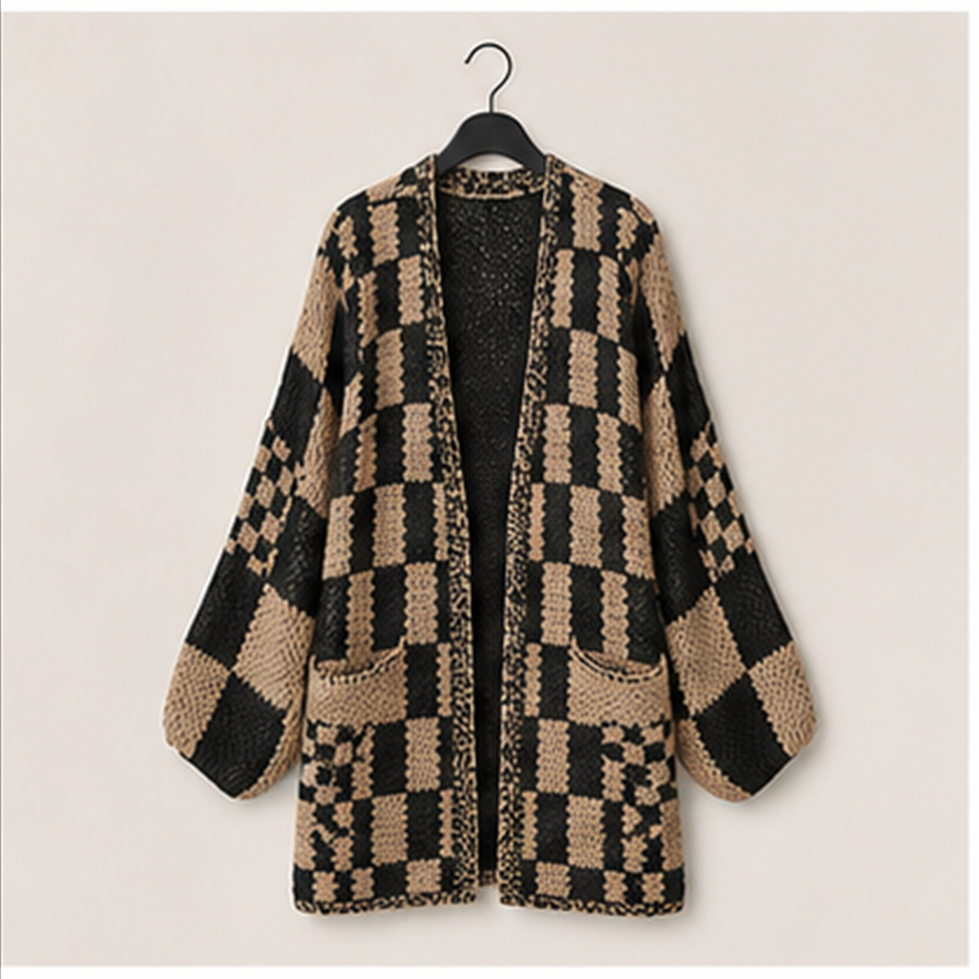 Women Fall Long Sleeve Open Front Chunky Knit Sweaters Checkered Outwear Coat - front view