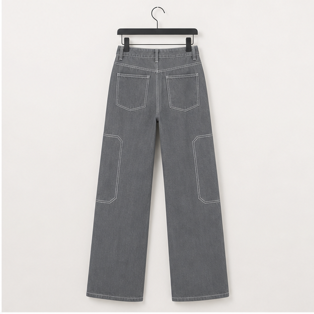 Women's Casual Mid Waist Cargo Jeans Stretch Button Wide Leg Denim Pants with Pockets - back view
