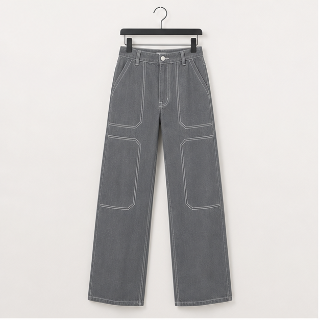Women's Casual Mid Waist Cargo Jeans Stretch Button Wide Leg Denim Pants with Pockets - front view