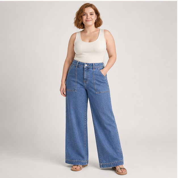 Women's Pants High Waisted Jeans Stretch Loose Fit Colorblock Denim Pants with Pocket - model view