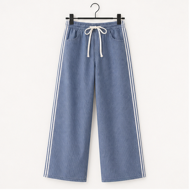 Women's Baggy Wide Leg Jeans Mid Rise Barrel Denim Ankle Pants Casual Striped Pull On Drawstring Trousers with Pockets - front view