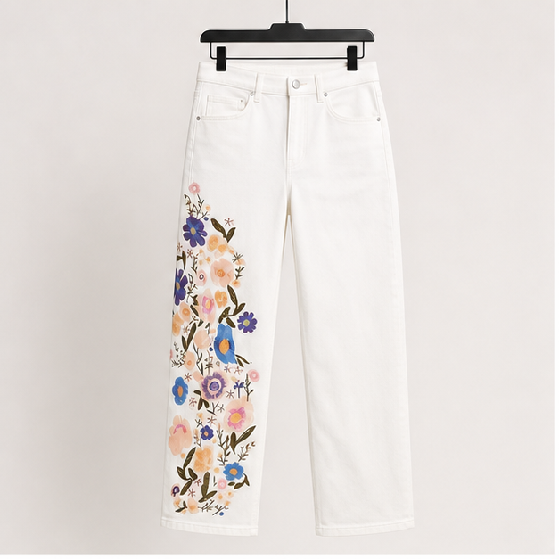 Straight Leg Cropped Jeans for Women Trendy Mid Rise Floral Print Boho Casual Denim Ankle Pants - front view