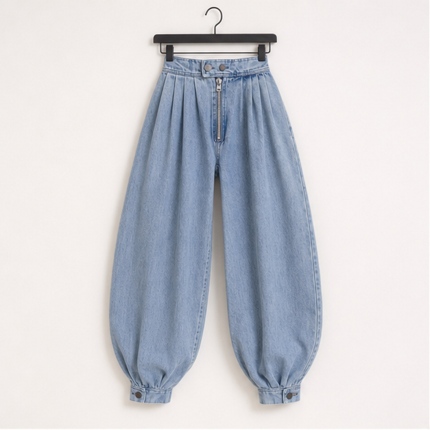Womens Zipper Jeans High Waisted Loose Harem Trousers Baggy Wide Leg Vintage Balloon Casual Denim Pants - front view