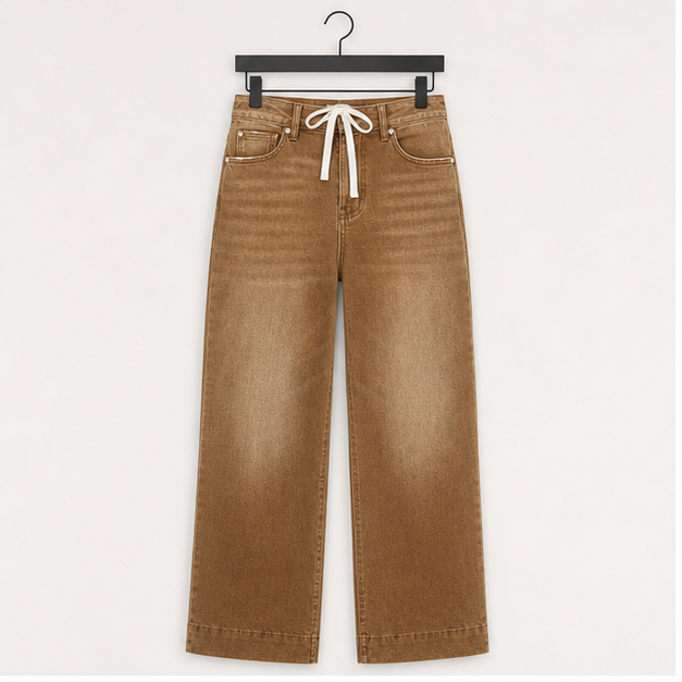Women's Wide Leg Jeans High Waisted Stretchy Straight Leg Baggy Drawstring Denim Pants - front view