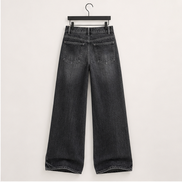 Wide Leg Jeans for Women Mid Waist Baggy Stitch Decor Denim Washed Pants Without Belt - back view