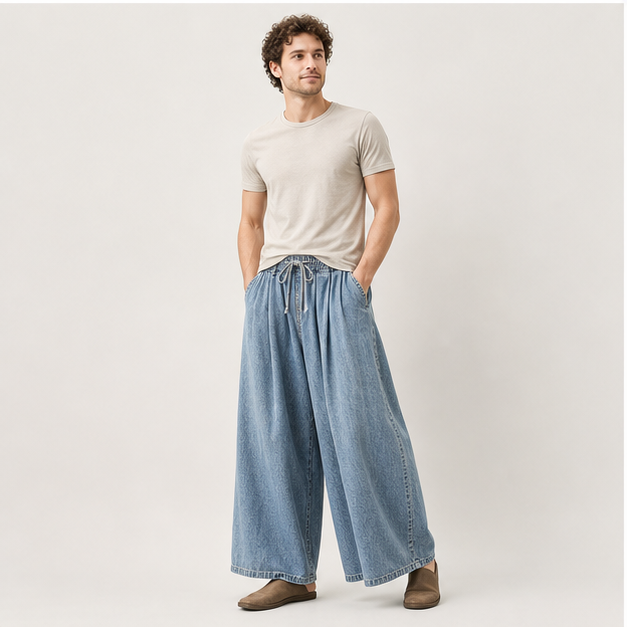 Women's Wide Leg Baggy Jeans Plus Size Loose Elastic Waist Denim Pants with Deep Pockets Light Blue - model view